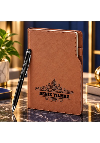 Bk Gift Kişiye Özel 374 Termo Deri Tarihli Ajanda & Siyah Touch Pen Tükenmez Kalem-14 Taba Akdnz-bitmeyencom38550 56189 Bk Gift