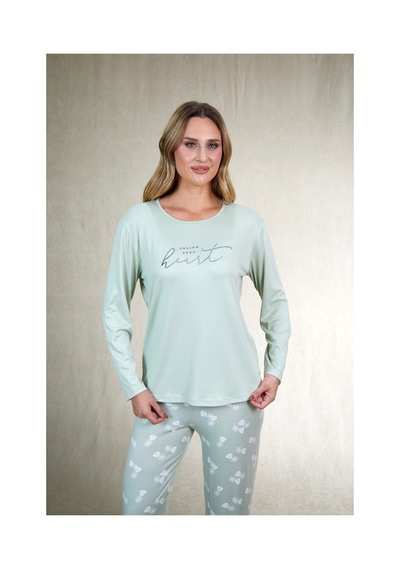 Estiva Kadın Yaprak Alt Desenli Soft Uzun Kollu Pijama Takımı Yeşil