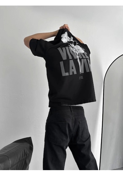 Baskılı Oversize Bisiklet Yaka T-shirt - Siyah Siyah