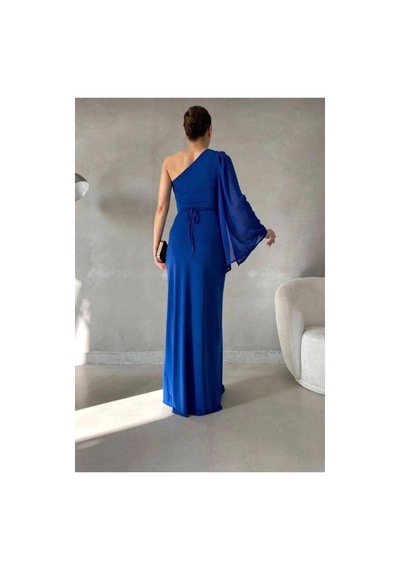 Lior Design Tek Yırtmaçlı Elbise Omuz Abiye Detaylı İnci Saks