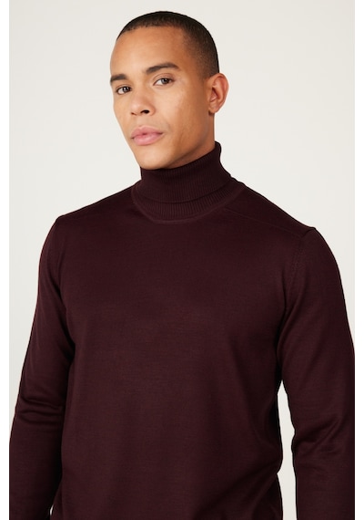 Erkek Bordo Standart Fit Normal Kesim Tam Balıkçı Yaka Triko Kazak Bordo