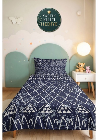 Lacivert Geometrik Genç Odası Tek Kişilik Pike Takımı - Bohem Beyaz 160x220 Cm Kapitone Yatak Örtüsü Kışlık Perde Hissi