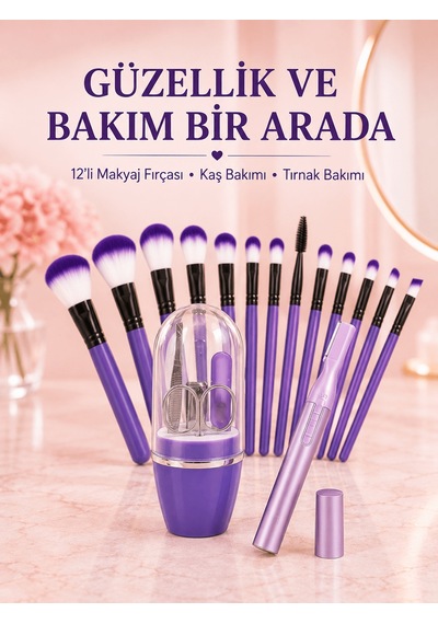 Kadın Makyaj Ve Kişisel Bakım Seti 12 Li Mor Makyaj Fırçası Kaş D