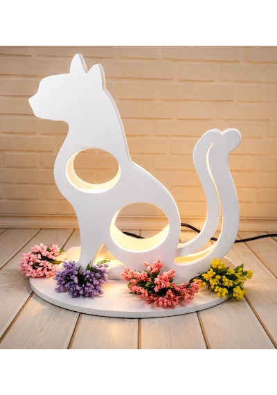 Dekoratif Ahşap Kedi Masa Lambası 25x30,5 Cm Mdf Ampul Hariç Beyaz