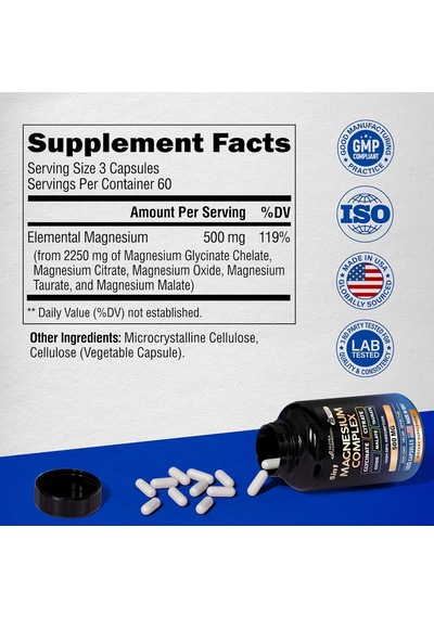 Magnesium 5-in-1 Complex Glycinate, Citrate, Oxide, Malate & Taurate 500 Mg 180 Capsules