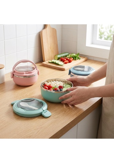 700 Ml Paslanmaz Çelik Yemek Kabı, Kaşıklı, Saplı Ve Kilitli Yuvarlak Lunch Box, Mavi Yeşil Pembe Renk Seçenekli, 12x11x13cm Kapaklı Saklama Ve Taşıma Kabı Çok Renkli