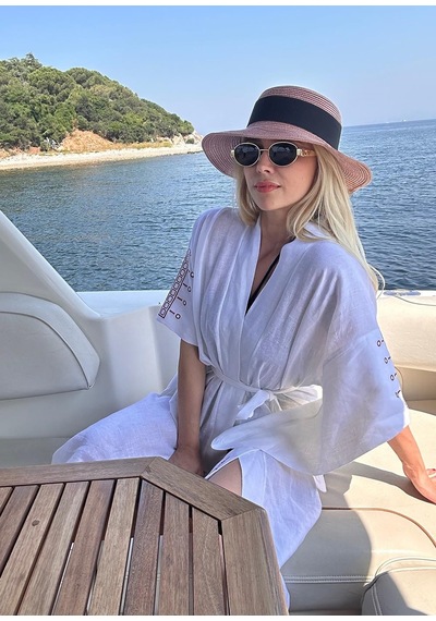 Mayovera Kimono - Nakışlı Beyaz %100 Keten Plaj Elbisesi Beyaz