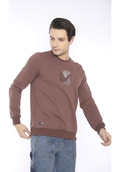 Escetic Erkek Spor Slimfit, Bisiklet Yaka Kahve Sweatshirt-4262 Kahverengi
