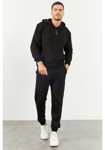 Tommy Life Siyah Kapüşonlu Kanguru Cep Lastik Paça Erkek Oversize Eşofman Takımı - 85117 Siyah