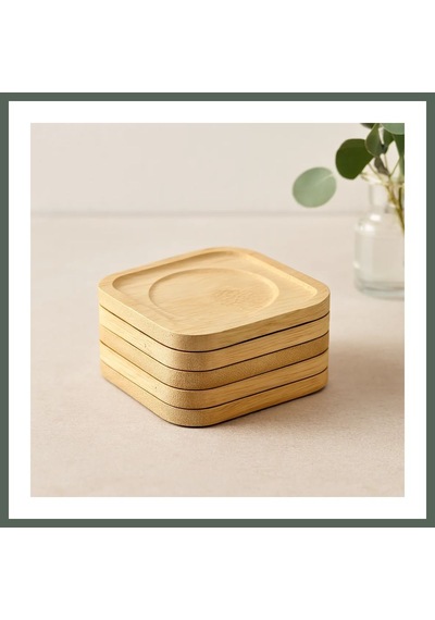 Bezos Bambu Ahşap Kare Çay Tabağı 9.7x9.7 Cm - 6'lı Set Bzstk