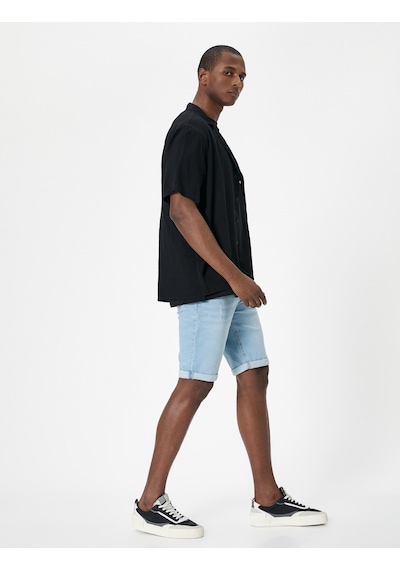 Koton Yırtık Kot Şort Slim Fit Katlama Detaylı Düğmeli Cepli Açık İndigo 4sam40101nd Açık İndigo