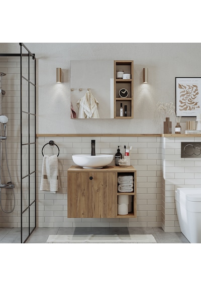 Lotus Lavabolu Mdf 65 Cm Banyo Dolabı + Aynalı Üst Dolap Atlantik Atlantik Çam