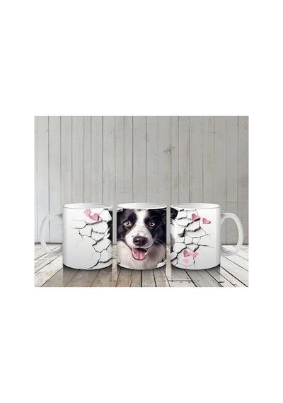 Pembe Kalpler Arasında Çatlağı Delip Bakan Border Collie - Baskılı Kahve Kupası Renkli