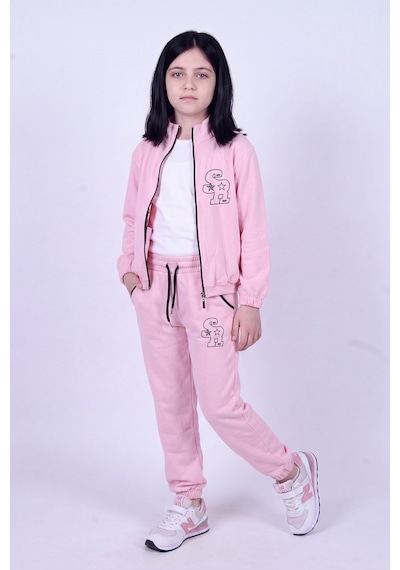 Fyk Kids Kız Çocuk Sr Baskılı Dik Yaka Çift Cepli Fermuarlı Eşofman Takımı Pembe