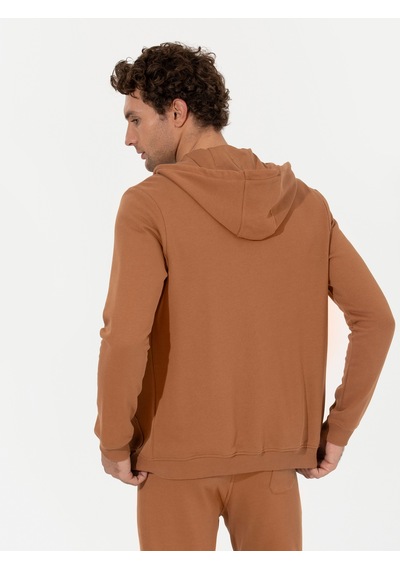 Camel %100 Pamuk Tam Fermuarlı Kapüşonlu Sweatshirt Kahverengi