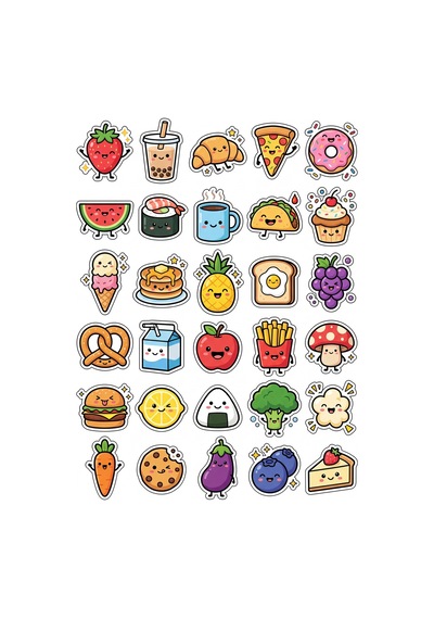 30 Adet Chibi Sevimli Yiyecekler Sticker Seti - Laptop Defter Ajanda Ve Su Matarası Çok Renkli