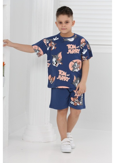 Veramoni Unisex Tom&jery Baskılı Kısa Kollu Şortlu İkili Takım Lacivert