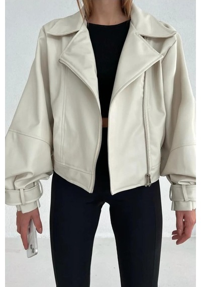 Laleli Butik Kadın Krem Oversize Deri Ceket Krem Krem