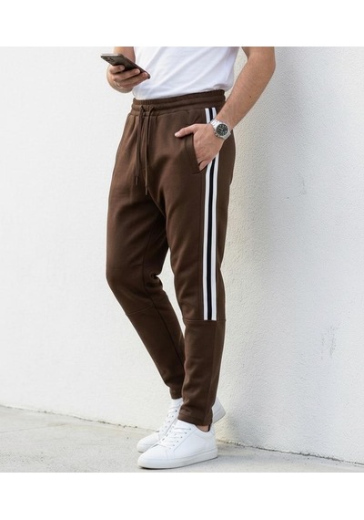 Plus Scorpion Erkek Slim Fit Pamuklu Eşofman Altı Yan Şerit Detaylı Günlük Kahverengi