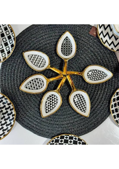Dekoratif 6'lı Porselen Kahve Yanı Lokumluk Seti Gold Kenarlı Lokum Ve Çikolata Sunumluğu 19 X 8 Cm