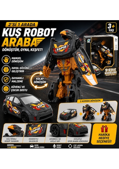 Dönüşen Kuş Robot Araba 2'si 1 Arada Robot Ve Spor Araba Oyuncak Manuel Dönüşüm - Siyah