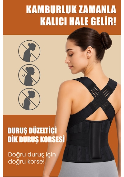 Dik Duruş Korsesi Balen Destekli Sırt Korsesi Kolonlu Bel Destek Korsesi Dik Durma Korsesi Siyah