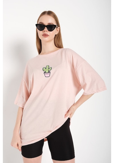 Flood Of Style Kadın Pembe Cactus Logo Baskılı Oversize T-shirt