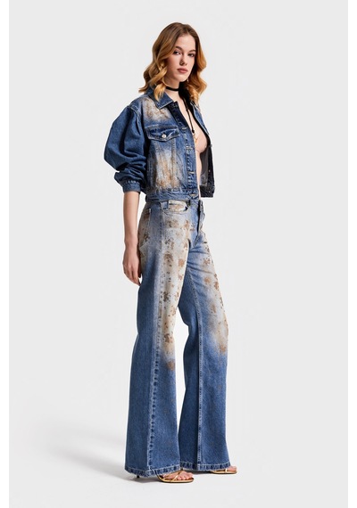 Itsbasic Kadın T.kot Rengi 4s568 Parlak Taşlı Tasarım Baggy Flare Fit Denim Jean Kırmızı