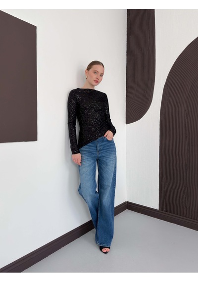 Verymoda Parlak Payetli Uzun Kollu Bluz - F2060 Siyah