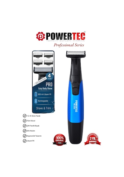 Powertec TR-650 (TAHRİŞ KARŞITI) Şarjlı Epilasyon Öncesi Hassas Vücut Tıraş Makinesi Çift Bıçak 2 Yıl Garanti