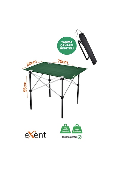 Exent 50x70 Cm Kamp Masası Katlanabilir Masa, Piknik Masası, Siyah Taşıma Çantalı-petrol Yeşili Çok Renkli
