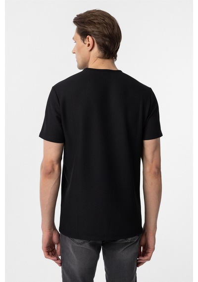 Süvari Siyah Slim Fit Armürlü Bisiklet Yaka Tişört-37380 Siyah