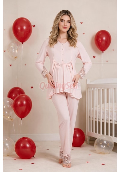 Quilling Lady Bebe Pembe Renkli Dantel Detaylı, 33204 Uzun Kol, 2 Parça Lohusa Hamile Pijama Takımı Açık Pembe M - L