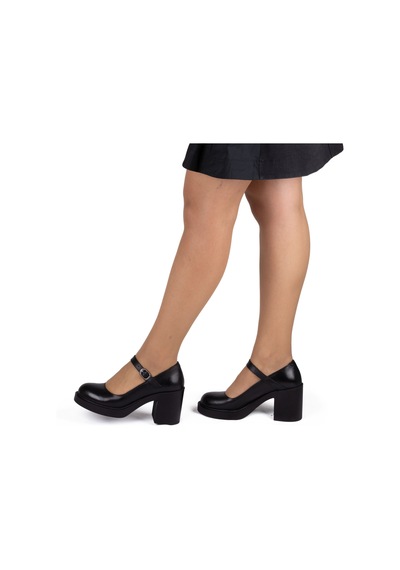 Kadın Hakiki Deri Kalın Topuklu Bantlı Günlük Ayakkabı / Mary Jane Shoes Siyah