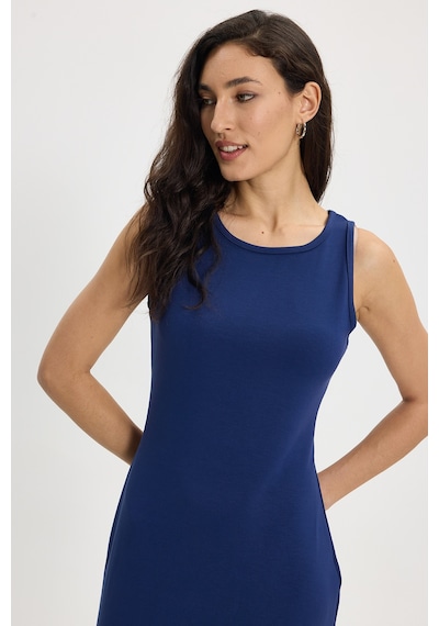 Tudors Kadın Slim Fit Dar Kesim Pamuklu Sıfır Kol Bisiklet Yaka Saks Mavi Elbise-50481