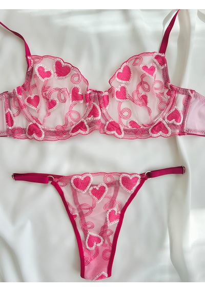 Arinda Love İn The Air Pembe Kalp Desenli İşlemeli Brode Kapsız Balenli Bralette Sütyen Tanga Alt Üst Çamaşırı Takımı 2 Parça