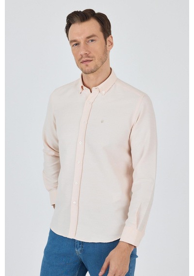 İmza Uzun Kol Desenli Armürlü Düğmeli Yaka Cepsiz Pamuklu Classic Slim Fit Gömlek 1004250205 Somon