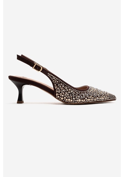 Luvishoes Thea Kahverengi Altın Taşlı Kadın Topuklu Ayakkabı Kahverengi