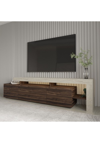 Beliz Modern Led Işıklı 3 Kapaklı, Raflı Tv Sehpası 192 Cm Traverten/ceviz