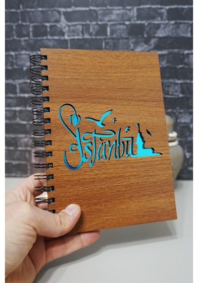 Istanbul Desenli Ahşap Kapaklı Defter - Notebook Defter Düz - Çizgisiz Defter Ahşap Rengi Ceviz