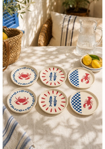 Coastal 6 Lı Seramik Pasta Ve Servis Tabağı Seti 20 Cm Deniz Desenli Akdeniz Sofra Takımı Beyaz