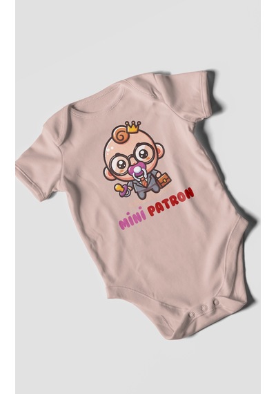 Mini Patron V2 Baskılı Bebek Zıbını Çıtçıtlı Body %100 Pamuk Kısa Kol Pastel Pembe