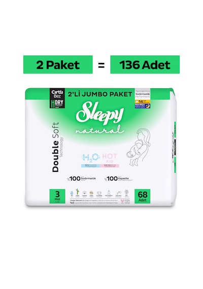 Sleepy Natural Double Soft Avantajlı Mega Paket Bebek Bezi 3 Numara Midi 136 Adet