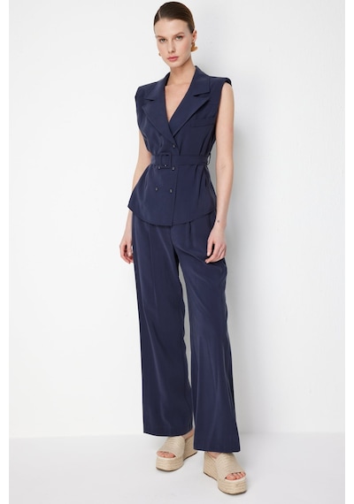 On Kadın Pile Detaylı Bol Paça Pantolon 74909 Indigo Indigo