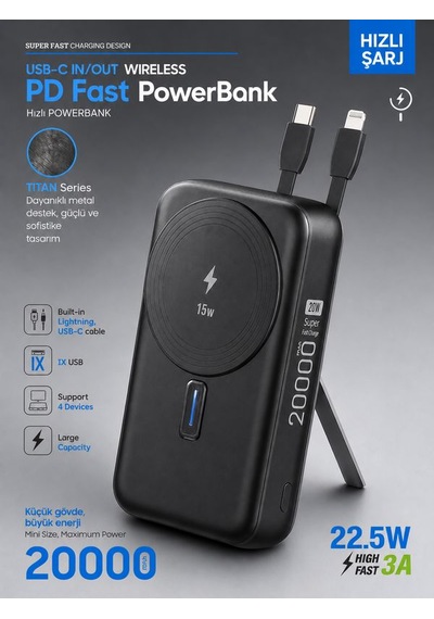 22.5w Hızlı Şarj Powerbank Type-c Giriş Çıkışlı Kablolu Magsafe Uyumlu Taşınabilir Şarj Cihazı Siyah