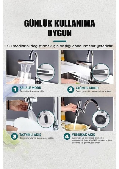 Krom Tasarruflu 4 Modlu Ayarlanabilir Musluk Başlığı Lavabo Batarya Fiskiye Ucu Perlatör