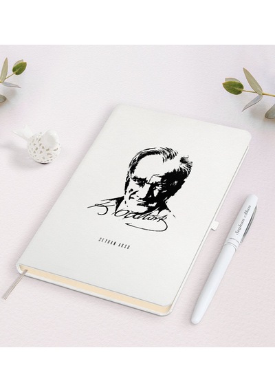 Kişiye Özel Atatürk Temalı Beyaz Defter ve Kalem Seti-13 Beyaz