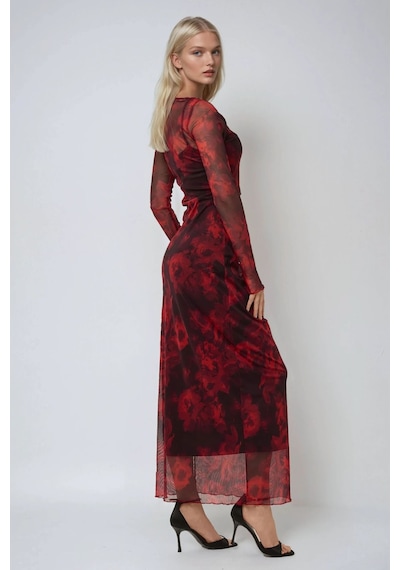 Hiccup Çiçek Desenli Bodycon Maxi Tül Elbise Kırmızı