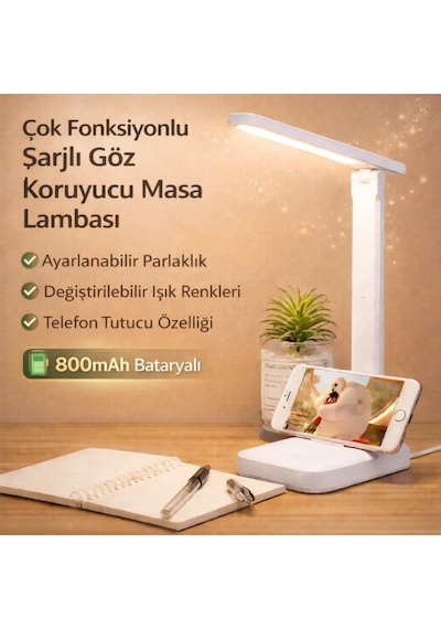 Polham Şarjlı Katlanabilir Led Masa Lambası 3 Işık Modu Göz Koruyucu 800mah Telefon Tutuculu Beyaz