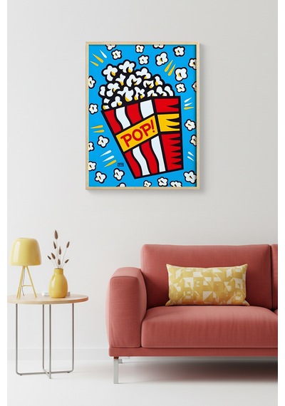Doğal Ahşap Çerçeveli Popcorn Desenli Tablo - Kırmızı-sarı Sinema Huhu1960